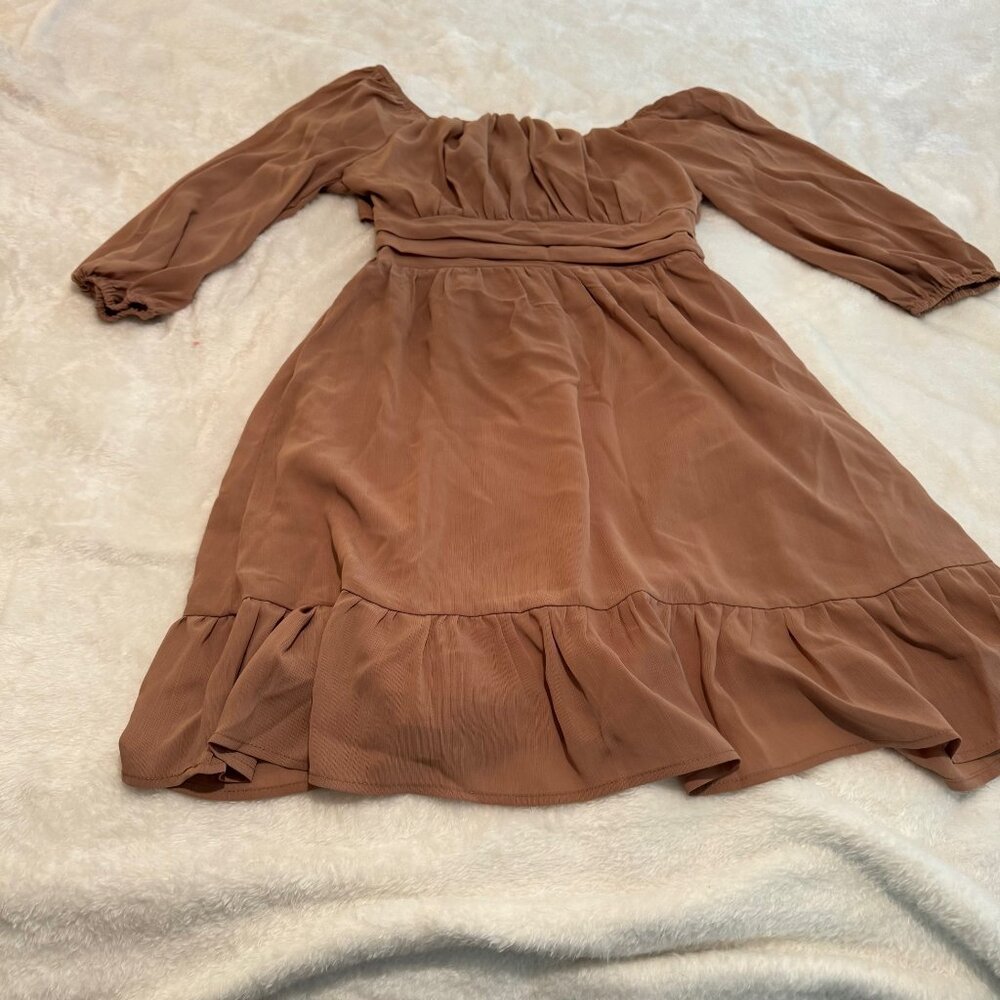 Taupe Boho Peasant Style Mini Dress with Tie Back Size S